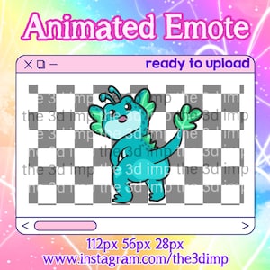 Peut inclure: Une émoticône animée représentant une créature turquoise avec de grandes nageoires et une expression amicale, sur un fond à carreaux dans une fenêtre numérique. Le texte comprend "Animated Emote" et "ready to upload."