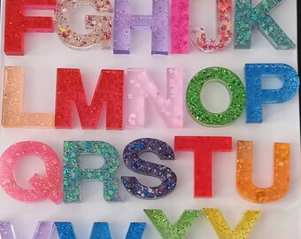 Multicolored Glitter Alphabet & Numbers Resin Set: Learning, Sensory Bin, Magnets