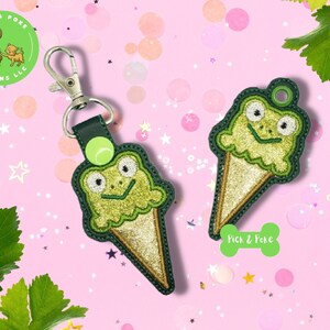 ITH Key Fob Cute Applique Frog Ice Cream Snap Tab and Eyelet In the Hoop Embroidery Design / Key Chain / Gift Tag / 4x4 / Digital DOWNLOAD