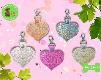 In the Hoop Embroidery Project / Heart Shaped Mandala Snap Tab /  Digital File / Instant Download / Set of 5 Designs / ITH Design