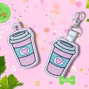 ITH Key Fob Cute Coffee Cup with Heart Snap Tab and Eyelet In the Hoop Embroidery Design / Key Chain / Gift Tag / Digital File DOWNLOAD