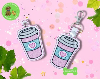ITH Key Fob Cute Coffee Cup with Heart Snap Tab and Eyelet In the Hoop Embroidery Design / Key Chain / Gift Tag / Digital File DOWNLOAD