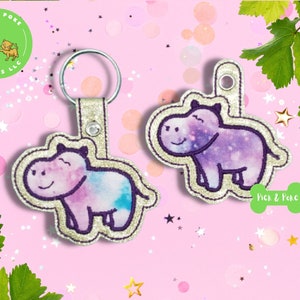 ITH Key Fob Cute Applique Hippo Animal  Snap Tab and Eyelet In the Hoop Embroidery Design / Key Chain / Gift Tag / 4x4 / Digital DOWNLOAD