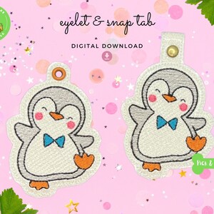 En el proyecto de bordado de aro lindo pingüino con un arco / snap tab y ojal llavero / etiqueta de regalo / archivo digital / DESCARGA instantánea / ITH