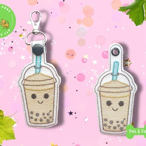 ITH Key Fob Cute Kawaii Milk Tea Snap Tab and Eyelet In the Hoop Embroidery Design / Key Chain / Gift Tag / Digital File DOWNLOAD