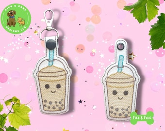 ITH Key Fob Cute Kawaii Milk Tea Snap Tab and Eyelet In the Hoop Embroidery Design / Key Chain / Gift Tag / Digital File DOWNLOAD