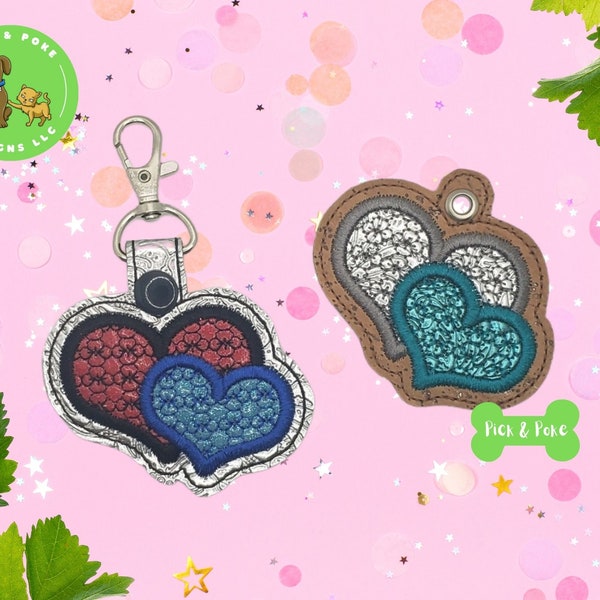 ITH Key Fob Double Heart Motif Fill Snap Tab and Eyelet In the Hoop Embroidery Design / Key Chain / Gift Tag / Digital File DOWNLOAD