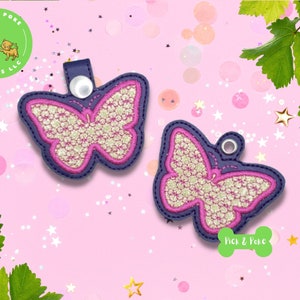 ITH Key Fob Applique Butterfly with Motif Snap Tab and Eyelet In the Hoop Embroidery Design / Key Chain / Gift Tag / 4x4 / Digital DOWNLOAD