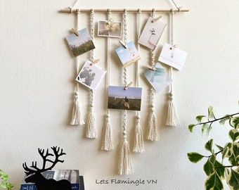 Porte-photos en macramé : suspension murale bohème avec clips en bois