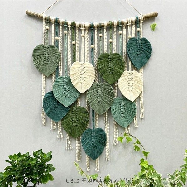 Macrame Leaf Wall Hanging, Nursery Wall Hanging Leaves, Macrame Feathers, Living Room Decor, Boho Headboard Decor, Tropical Decor