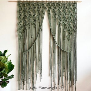Türvorhang aus olivgrünem Makramee, Boho-Blattmuster, handgefertigter Wandbehang, groß, Fensterdekoration