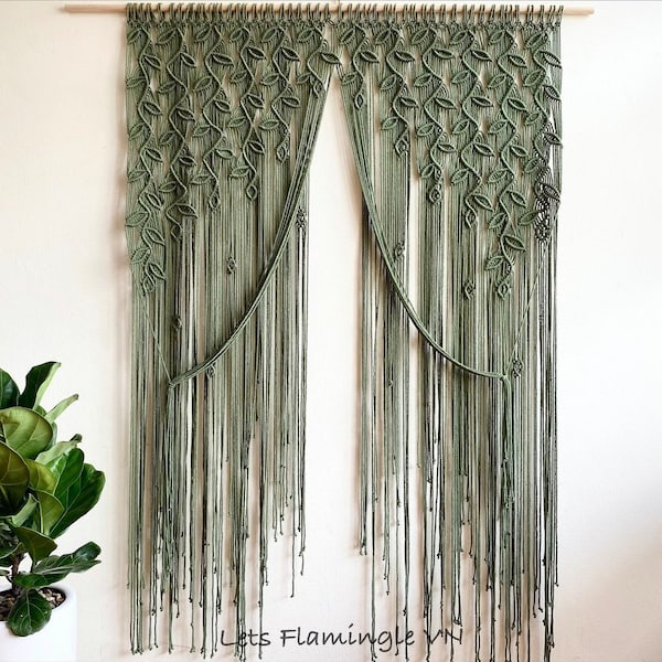 Olive Macrame Door Curtain, Boho Leaf Design, Handmade Wall Hanging Large, Window Treatment