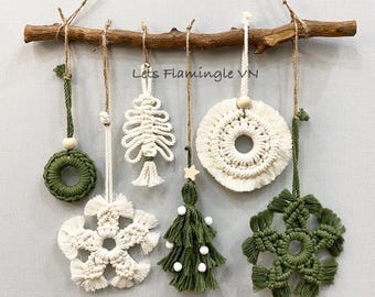 Macrame Christmas Ornaments Wall Hanging: Boho Xmas Decor Set