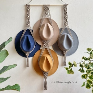 Macrame Hat Holder, Farmhouse Hat Hanger, Hat Storage Organization, Boater Hat Organization, Boho Macrame Double Hat Hanger, Gift For Her