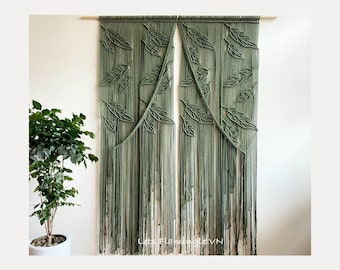 Macrame Leaf Door Curtain - Boho Wall Hanging Large, Custom Size Door Curtains, Green Leaves Macrame Wall Décor, Long Boho Crochet Curtains