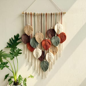 Muurhanger macraméblad, groene monsterabladeren decor, garen kunst aan de muur