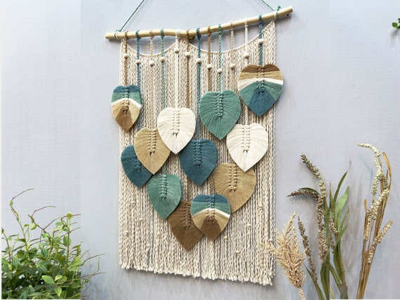 Macrame Leaf Wall Hanging Nursery Wall Hanging Leaves Macrame Feathers Living Room Decor Boho Headboard Decor Tropical Decor Etsy