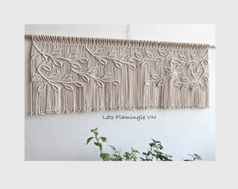 Green Leaf Macrame Window Valance: Natural Cotton Tapestry