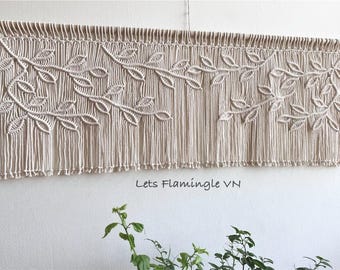 Green Leaf Macrame Window Valance, Cotton Rope Curtain, Boho Headboard Décor, Custom Size Wall Art