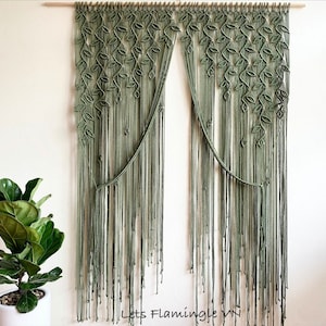 Olive Macrame Long Doorway Curtain: Boho Leaf Design, Window Treatment