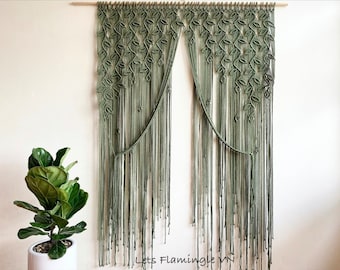 Macrame Long Doorway Curtain, Macrame Window Curtain, Olive Macrame Curtains, Long Boho Crochet Curtains, Large Macrame Door Curtain