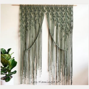 Olive Macrame Door Curtain: Boho Leaf Design, Window Treatment