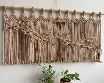 Macrame Leaf Window Curtain, Handmade Cotton Valance, Boho Living Room Decor, Doorway Tapestry, Botanical Wall Art