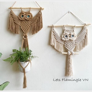 May include: Two macrame owl wall hangings, one in brown and one in beige, with blue eyes. The brown owl has a plant hanger attached to the bottom. The text "Lets Flamingle VN" is at the bottom of the image.