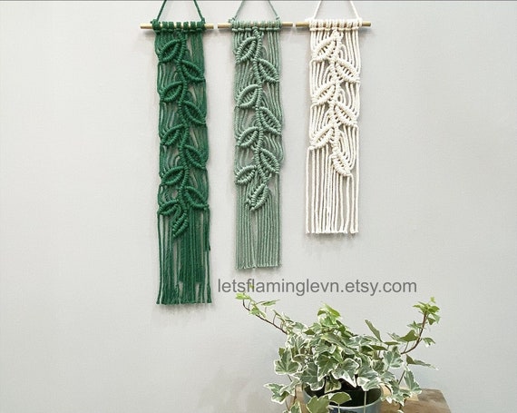 Astralong Arazzo Macramè A Foglie Verdi – Decorazione Muro Boho 25x90 Cm, Fatto A Mano In Cotone Con Perlina Di Legno
