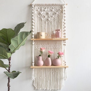Handmade Macrame Hanging Shelf: 2-Tier Wooden Floating Shelf