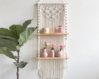 Handmade Macrame Hanging Shelf: 2-Tier Wooden Floating Shelf