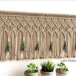Macrame Window Valance, Boho Curtain, Green Tassel Wall Hanging, Cotton Cottagecore Décor