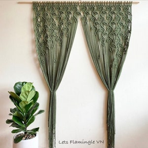 Boho Macrame Door Curtain: Olive Green Cotton Doorway Window Hanging