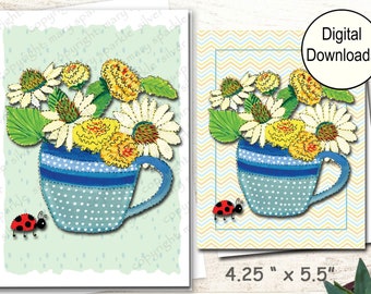 Two Printable Yellow & White Marigold  and Coneflower Greeting Cards, Two Sizes, Very Cheerful Card, Anniversary, Birthday, Thank You