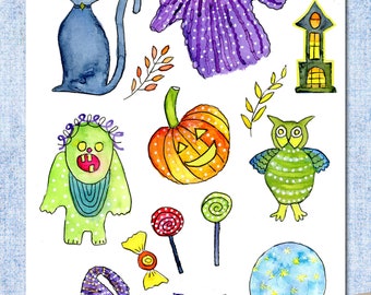 Halloween doodles, black cat drawing, purple witch's hat, green monster, printable hand painted collage fodder,  junk journals