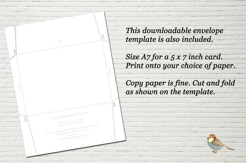 Shows a picture of the envelope template you receive with the product. Download and print onto plain copy paper. Cut and fold as shown on template.