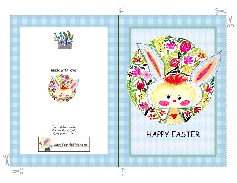 A printable greeting card with an adorable hand-painted bunny on the front. The message says Happy Easter. The card has a blue checked border. This pic shows the back of the card also.