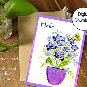 Tarjeta de saludo floral imprimible, maceta morada, mariposa (descarga digital)