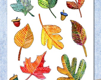 Printable hand painted collage fodder,  vibrant autumn leaves, little acorns, art embellishment,  art journaling, making cards, paper crafts