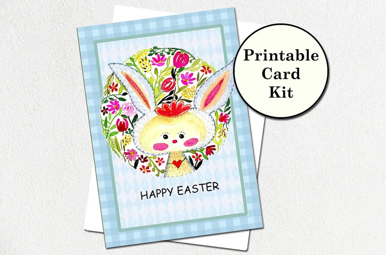 Printable card making kit with a bright, cheerful Easter bunny theme. Kit includes 5x7 bunny greeting card download plus coordinating artwork to decorate the inside of the card