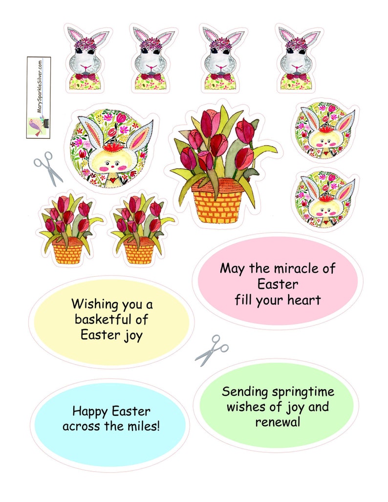 Shows the embellishments you can use to decorate the inside of your card. They can even be printed onto sticker paper! Includes cute bunnies, baskets of tulips and sayings you can put into your card.