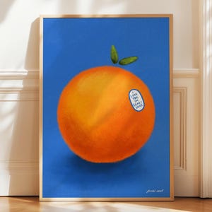 Impressão artística em azul do poema 'A Laranja' de Wendy Cope: Decoração de parede moderna, arte em pastel a óleo.