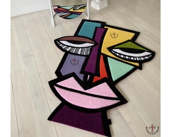 Face Art Wool Rug - Hand-Tufted Colorful Modern Wall Hanging