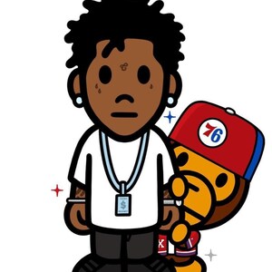 May include: A cartoon illustration of a person with brown skin wearing a white t-shirt with a blue chain necklace, black pants, and black shoes. The person is holding a small, yellow cartoon monkey wearing a red and blue baseball cap with the number "76" on it.