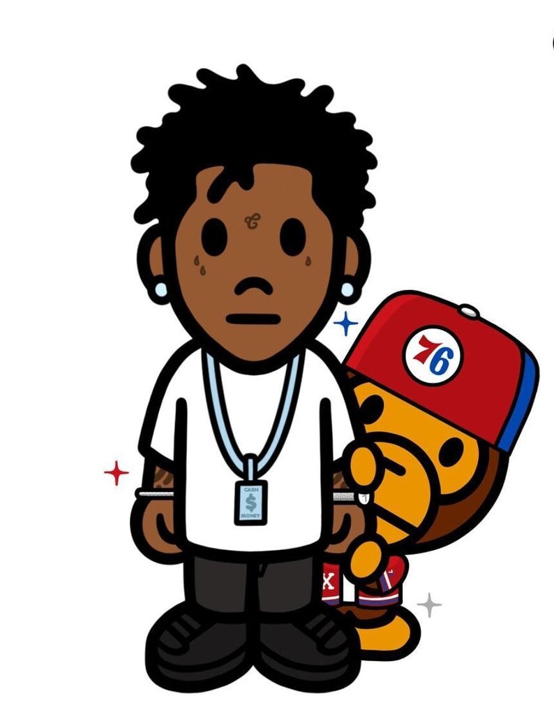 May include: A cartoon illustration of a person with brown skin wearing a white t-shirt with a blue chain necklace, black pants, and black shoes. The person is holding a small, yellow cartoon monkey wearing a red and blue baseball cap with the number "76" on it.