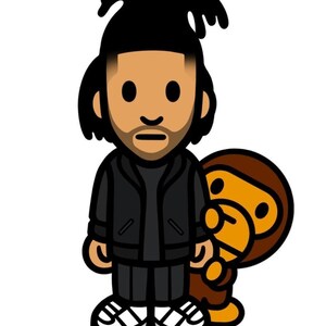 May include: A cartoon illustration of a person with black hair and a beard wearing a black jacket, black pants, and white shoes. The person is standing next to a brown and yellow cartoon monkey.