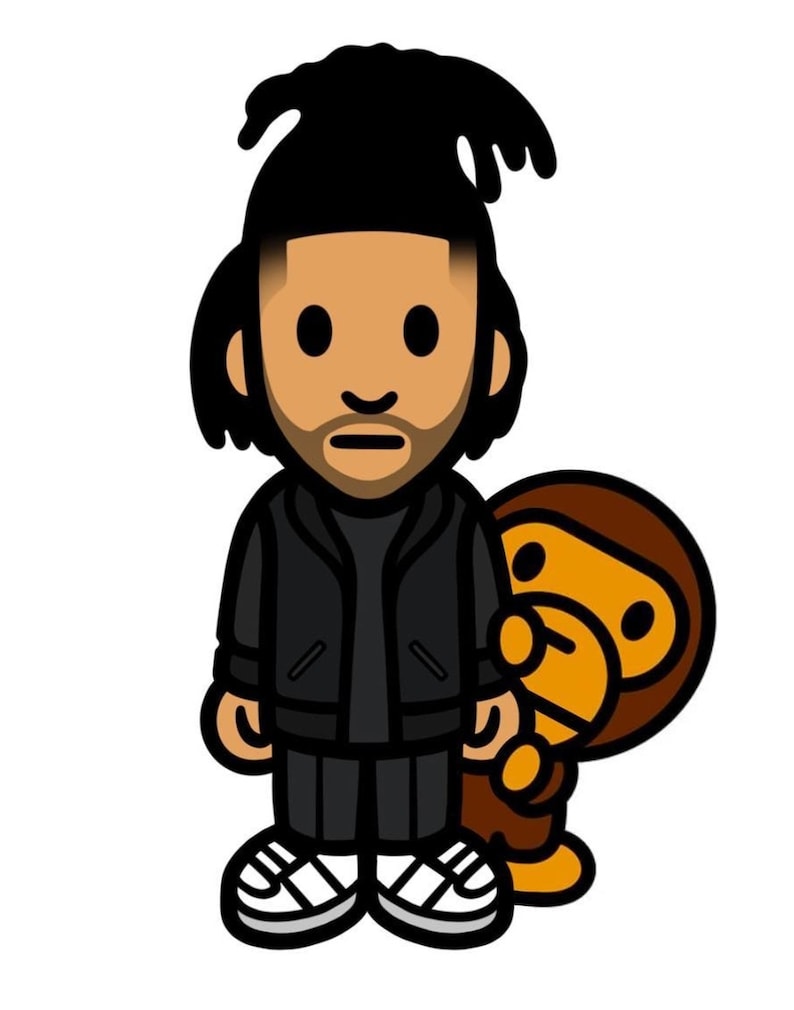 May include: A cartoon illustration of a person with black hair and a beard wearing a black jacket, black pants, and white shoes. The person is standing next to a brown and yellow cartoon monkey.