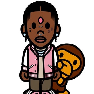 May include: Cartoon illustration of a person with brown skin wearing a pink and white varsity jacket, brown pants, and pink sneakers. The person has a diamond-shaped gem on their forehead and multiple piercings. A brown cartoon monkey is standing behind the person.