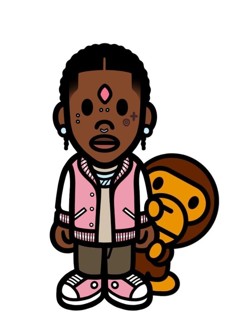 May include: Cartoon illustration of a person with brown skin wearing a pink and white varsity jacket, brown pants, and pink sneakers. The person has a diamond-shaped gem on their forehead and multiple piercings. A brown cartoon monkey is standing behind the person.