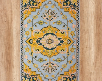 Handgetufteter rumänischer Wollteppich in Blau und Gold (1,5 x 3 m)